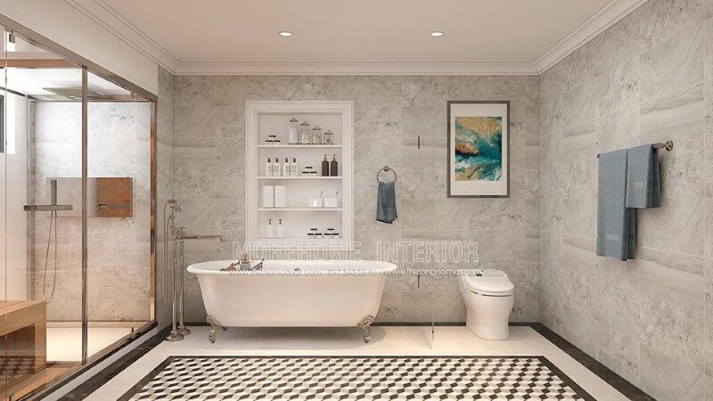 Bồn tắm độc lập Vitoria Hafele cao cấp kết hợp cùng cách trang trí khoa học, thẩm mỹ từ đá ốp tường, gạch lát nền giả cổ, vách tắm kính đã tạo nên không gian phòng tắm đẹp, sang trọng, độc đáo.