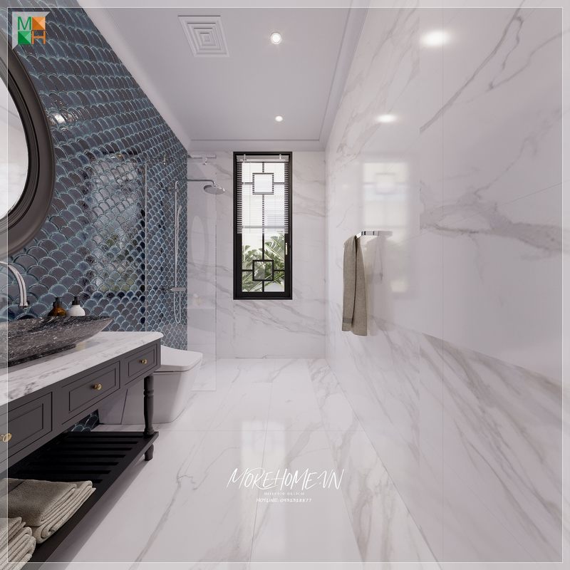Thiết kế phòng tắm sử dụng đá nhân tạo cao cấp ốp tường và lát sàn, cho phòng tắm trở nên bóng bẩy sang trọng