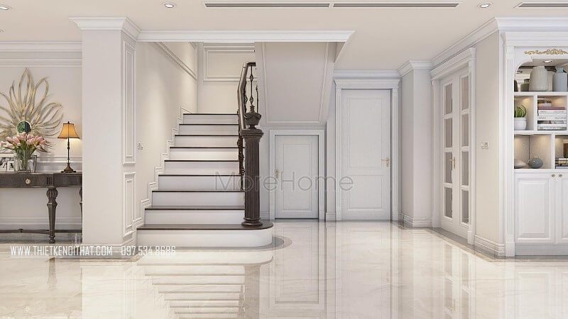 Thiết kế cầu thang gỗ óc chó sang trọng cho căn hộ duplex thanh xuân hà nội