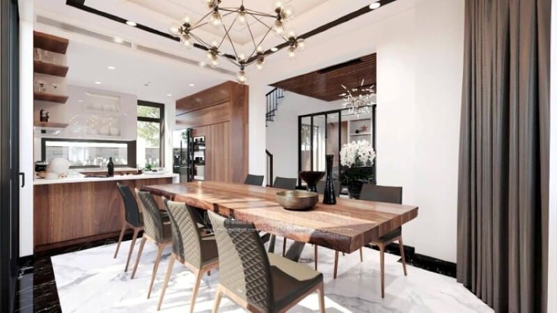 Sẽ là một gợi ý tuyệt vời với sự hiện hữu tủ bếp gỗ óc chó veneer nâu trầm kết hợp gam màu trắng sáng, long lanh từ tủ bếp trên gỗ công nghiệp acrylic và mặt bàn bếp đá granite. Sự tương phản giữa 2 sắc màu sẽ là ý tưởng tuyệt vời cho bố trí nội thất phòng bếp hiện đại cho không gian nhà phố, biệt thự.