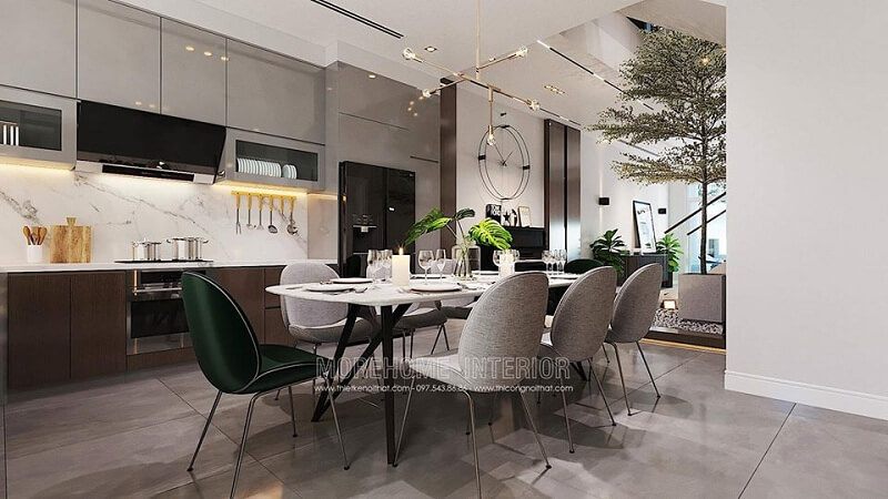 Thiết kế nội thất phòng bếp ấn tượng với tông màu tươi sáng cùng cách bố trí khoa học mang đến không gian sống lí tưởng cho gia chủ
