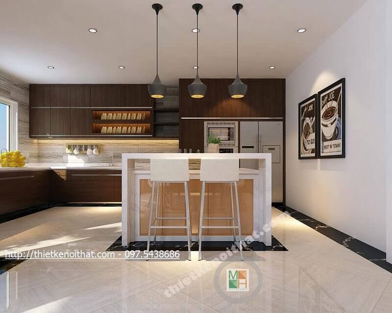 Thiết kế phòng bếp đẹp với nội thất gỗ công nghiệp hiện đại, sang trọng