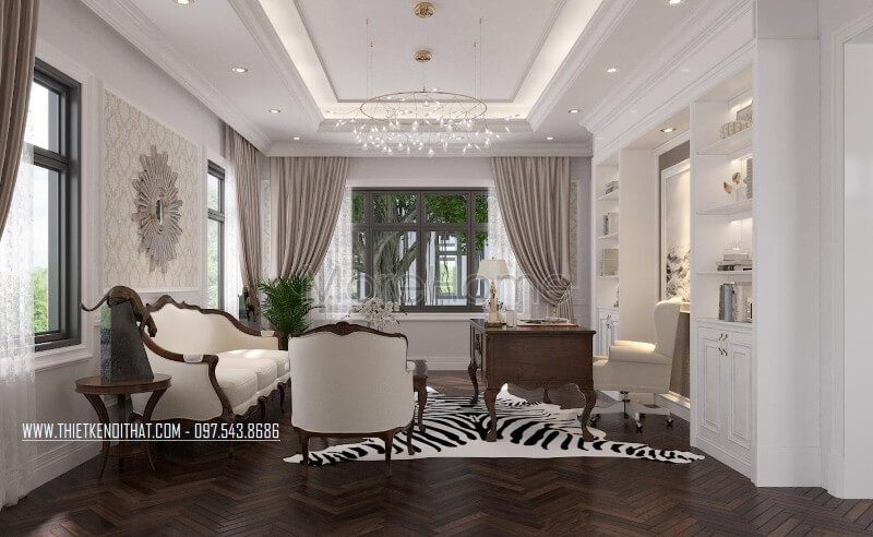 Trang trí nội thất biệt thự với bộ sofa gỗ tự nhiên bọc vải màu trắng sữa cao cấp tân cổ điển