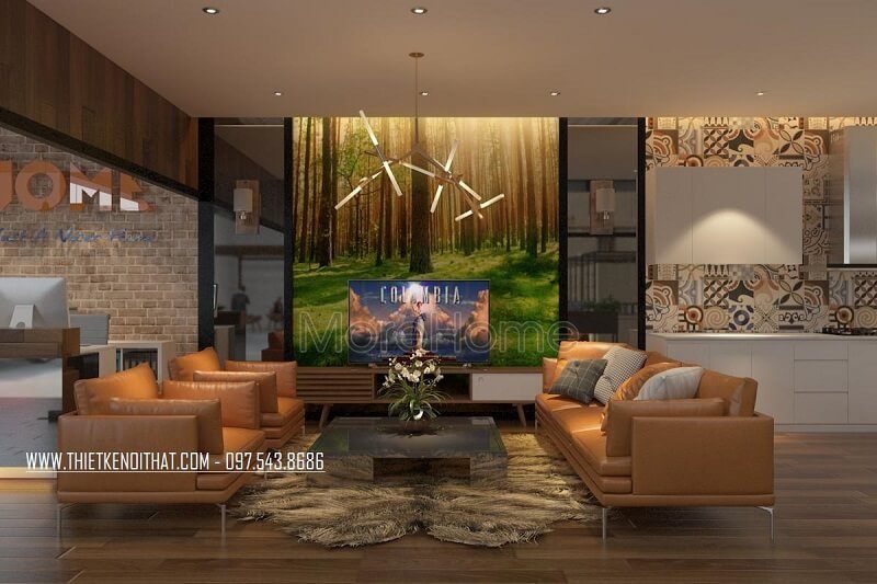 Mẫu sofa da màu cam đẹp tạo điểm nhấn nổi batah cho khu vực tiếp khách tại showroom nội thất JANHOME