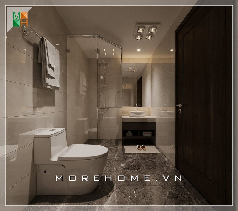 Một mẫu thiết kế phòng tắm nhỏ gọn nhưng vẫn đầy đủ tiện nghi được đạt được bằng cách bố trí nội thất hợp lý, phù hợp với các loại nhà ở như chung cư, nhà phố, biệt thự với phong cách hiện đại.